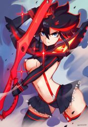 Rule 34 | 1girl, :&lt;, black footwear, black hair, blue eyes, boots, breasts, contrapposto, cowboy shot, dust cloud, hair between eyes, highres, holding, holding weapon, kill la kill, looking at viewer, matoi ryuuko, medium breasts, miniskirt, multicolored hair, pleated skirt, red hair, revealing clothes, scissor blade (kill la kill), short hair, skirt, solo, sparkle, streaked hair, strikderp, suspenders, sweatdrop, thigh boots, thighhighs, two-tone hair, underboob, weapon, zettai ryouiki
