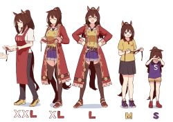 Rule 34 | 1girl, absurdres, age progression, animal ears, apron, blue eyes, blue shirt, boots, brown hair, coat, crying, domino mask, el condor pasa (umamusume), hands on own hips, highres, horse ears, horse girl, horse tail, laughing, mask, unworn mask, petoka, pleated skirt, ponytail, red coat, shirt, skirt, smile, tail, thigh boots, thighhighs, umamusume, white background, white shirt, yellow shirt