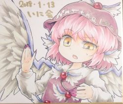 Rule 34 | 1girl, animal ears, bird ears, bird wings, brown dress, brown headwear, chups, dated, dress, fang, fingernails, long fingernails, long sleeves, mystia lorelei, nail polish, open mouth, photo (medium), pink hair, red nails, second-party source, sharp fingernails, short hair, solo, touhou, traditional media, upper body, white wings, winged hat, wings, yellow eyes