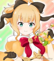 Rule 34 | 1girl, black bow, black gloves, blonde hair, bow, cloak, closed mouth, commentary request, crop top, diagonal stripes, fur-trimmed gloves, fur-trimmed hood, fur trim, gloves, gochuumon wa usagi desu ka?, green eyes, hair bow, hands up, highres, holding, hood, hood down, hooded cloak, kirima syaro, looking at viewer, mitya, ponytail, shirt, smile, solo, star (symbol), starry background, striped, striped background, twitter username, white shirt, yellow cloak