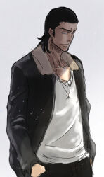 Rule 34 | 1boy, absurdres, black hair, black jacket, black pants, bleach, brown eyes, closed mouth, collarbone, commentary request, ginjou kuugo, gradient background, hair slicked back, hand in pocket, highres, jacket, jewelry, looking at viewer, male focus, medium hair, mitarashi (5333069), necklace, open clothes, open jacket, pants, shirt, shirt tucked in, simple background, white shirt