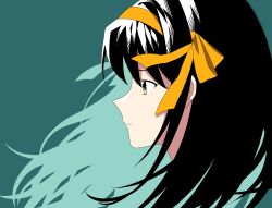 Rule 34 | 1girl, black hair, closed mouth, commentary request, from side, green background, hair ribbon, hairband, head only, highres, napi (jad3434), ribbon, simple background, solo, suzumiya haruhi, suzumiya haruhi no yuuutsu, yellow eyes, yellow hairband, yellow ribbon