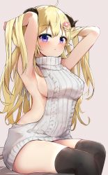 Rule 34 | 1girl, ahoge, animal ears, aran sweater, armpits, backless dress, backless outfit, bare back, bare shoulders, black thighhighs, blonde hair, breasts, cable knit, curled horns, dress, hair ornament, hairclip, half updo, halterneck, highres, hololive, horns, long hair, meme attire, purple eyes, ribbed sweater, sheep ears, sheep girl, sheep horns, shuuzo3, sideboob, sleeveless, sleeveless turtleneck, solo, sweater, sweater dress, thighhighs, tsunomaki watame, turtleneck, turtleneck sweater, very long hair, virgin killer sweater, virtual youtuber