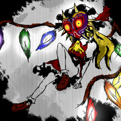 Rule 34 | 1girl, arms behind back, black eyes, blonde hair, colored sclera, commentary, corruption, crossover, dark persona, dress, flandre scarlet, floating, flying, hat, leg up, legs, long hair, majora (entity), nintendo, own hands together, possessed, possession, red footwear, shoes, the legend of zelda, the legend of zelda: majora&#039;s mask, touhou, wings, yellow sclera, yuuki (yukigeshou hyouka)