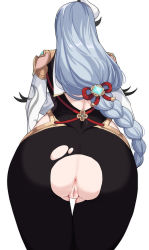 Rule 34 | 1girl, anus, ass, ass focus, bare shoulders, bent over, black bodysuit, bodysuit, braid, censored, from behind, genshin impact, hair ornament, hella p, highres, hip vent, long hair, low-braided long hair, low-tied long hair, mosaic censoring, no panties, pussy, shenhe (genshin impact), simple background, solo, thighs, torn bodysuit, torn clothes, vision (genshin impact), white background, white hair