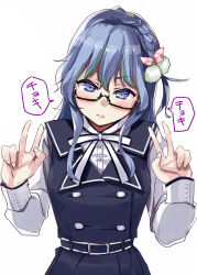 1girl 22/7 belt black-framed_eyewear black_belt black_dress blue_eyes blue_hair blush bow bowtie braid cowboy_shot diagonal-striped_bow double_v dress hair_bow hair_ornament highres kisairo_kaede light_blue_hair long_hair long_sleeves looking_at_viewer maruyama_akane parted_lips rectangular_eyewear semi-rimless_eyewear shirt simple_background single_braid solo under-rim_eyewear v white_background white_bow white_bowtie white_shirt