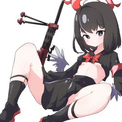 Rule 34 | 1girl, absurdres, anti-materiel rifle, anzio ironworks 20mm rifle, armband, black hair, black serafuku, blue archive, blush, bow, bowtie, breasts, bullet (bullet0701), expressionless, gun, halo, highres, looking at viewer, low wings, lying, mashiro (blue archive), miniskirt, on back, pleated skirt, purple eyes, red bow, red bowtie, red halo, rifle, school uniform, serafuku, short hair, simple background, skirt, small breasts, sniper rifle, underboob, weapon, white background, winged halo, wings