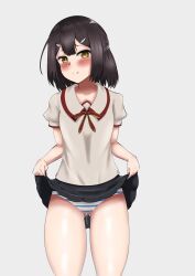 Rule 34 | 1girl, absurdres, black hair, blush, brown eyes, cameltoe, closed mouth, clothes lift, collarbone, fate/kaleid liner prisma illya, fate (series), female focus, hair between eyes, hair ornament, hairclip, head tilt, highres, legs, looking at viewer, miyu edelfelt, neck, panties, ponytail, presenting, pussy juice, pussy juice trail, red ribbon, ribbon, school uniform, short hair, short sleeves, sidelocks, simple background, skirt, skirt lift, solo, standing, striped clothes, striped panties, thighs, underwear, white background