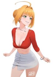 Rule 34 | 1girl, ahoge, artist name, bare shoulders, blonde hair, blush, braid, breasts, buttons, carlo montie, casual, crop top, earrings, fate/extra, fate (series), female focus, green eyes, hair bun, hair intakes, high-waist skirt, highres, jewelry, large breasts, long sleeves, looking back, midriff, necklace, nero claudius (fate), nero claudius (fate) (all), nero claudius (fate/extra), off-shoulder shirt, off shoulder, parted lips, pencil skirt, red shirt, shirt, simple background, single hair bun, skirt, solo, white background, white skirt