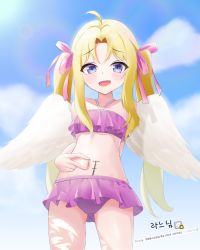 Rule 34 | 1girl, ahoge, bare arms, bare shoulders, bikini, blonde hair, blue eyes, blue sky, blush, child, cloud, day, dick-o-meter, fang, feathered wings, filo (tate no yuusha no nariagari), hair ornament, looking at viewer, measuring, navel, open mouth, outdoors, parted bangs, penis measuring, pink bikini, pubic tattoo, sky, smile, solo, spread navel, standing, swimsuit, tate no yuusha no nariagari, tattoo, twintails, water, white wings, wings