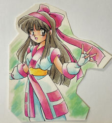 Rule 34 | 1girl, absurdres, ainu clothes, breasts, brown hair, fingerless gloves, gloves, hair ribbon, highres, legs, long hair, looking at viewer, nakoruru, open mouth, pants, ribbon, samurai spirits, small breasts, smile, snk, solo, the king of fighters, thighs, traditional media