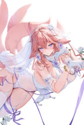 Rule 34 | 1girl, absurdres, alternate costume, animal ears, blush, bow, breasts, bridal lingerie, bridal veil, earrings, floppy ears, flower, fox ears, fox tail, garter straps, gem, genshin impact, gloves, hair between eyes, hands up, highres, houkisei, jewelry, large breasts, leaf, lingerie, long hair, looking at viewer, lying, multiple tails, navel, on side, parted lips, pink hair, purple bow, purple eyes, purple gemstone, purple ribbon, ribbon, rose, solo, tail, teeth, thighhighs, twisted torso, underwear, veil, vision (genshin impact), white background, white flower, white garter straps, white gloves, white rose, white thighhighs, yae miko