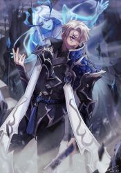 Rule 34 | alune (league of legends), aphelios, armor, belt, black pants, blue skin, brother and sister, closed mouth, colored skin, dated, edg aphelios, facial mark, ghost girl, grey hair, hair ornament, hand up, highres, league of legends, long hair, pants, short hair, short sleeves, shoulder armor, siblings, signature, stairs, yan (96212811)