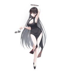 Rule 34 | 1girl, absurdres, alternate costume, arm up, armpits, bare legs, black dress, black hair, blue archive, blush, breasts, cleavage, cleavage cutout, clothing cutout, dress, full body, halo, highres, holding, holding removed eyewear, large breasts, long hair, looking at viewer, nnn051821, one eye closed, red eyes, rio (blue archive), simple background, solo, straight hair, sunglasses, unworn eyewear, very long hair, white background
