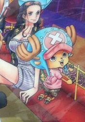 Rule 34 | 1boy, 1girl, black hair, blue eyes, breasts, large hat, lowres, nico robin, one piece, reindeer, sideboob, sitting, sitting on lap, sitting on person, smile, thick thighs, thighs, tony tony chopper
