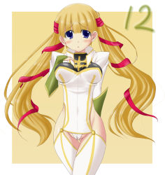 Rule 34 | 00s, 1girl, blonde hair, blue eyes, blush, bodysuit, breasts, cameltoe, code geass, hair ribbon, impossible clothes, impossible shirt, large breasts, long hair, monica kruszewski, purple eyes, ribbon, shirt, solo, thigh gap, thighhighs, thighs