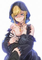 Rule 34 | 1boy, 1girl, alice (shinigami bocchan to kuro maid), alice lendrott, bare shoulders, black dress, black nails, black ribbon, blonde hair, blue eyes, bow (bhp), grabbing another&#039;s breast, breasts, cleavage, dress, earrings, fingernails, grabbing, guided breast grab, guiding hand, head tilt, hetero, jewelry, large breasts, long sleeves, looking at viewer, nail polish, neck ribbon, necklace, pov, pov hands, ribbon, shinigami bocchan to kuro maid, short hair, simple background, smile, veil, white background
