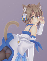Rule 34 | 10s, 1boy, animal ears, artist request, ass, bare shoulders, blue ribbon, bob cut, bow, brown hair, cat boy, cat ears, cat tail, clenched hand, detached sleeves, dress, dress bow, felix argyle, frilled dress, frills, hair bow, hair ribbon, large bow, leaning, leaning forward, looking at viewer, looking back, male focus, panties, panties under pantyhose, pantyhose, parted bangs, paw pose, re:zero kara hajimeru isekai seikatsu, ribbon, short dress, short eyebrows, short hair, smile, solo, striped ribbon, tail, thick eyebrows, trap, underwear, white bow, yellow eyes