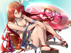 Rule 34 | 1girl, arumu, bare shoulders, bikini, bikini skirt, blue eyes, blush, breasts, cleavage, closed mouth, commentary request, frown, full body, godsworn alexiel, granblue fantasy, hair between eyes, hair ornament, highres, innertube, knees up, long hair, red hair, sandals, shadow, shawl, sitting, small breasts, solo, sunlight, swim ring, swimsuit, toes, v-shaped eyebrows, white bikini