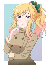 Rule 34 | 1girl, :o, absurdres, beige jacket, blonde hair, blue background, blue eyes, blush, breasts, commentary request, green ribbon, hair ornament, hair ribbon, highres, idolmaster, idolmaster cinderella girls, jacket, long hair, long sleeves, looking at viewer, medium breasts, ohtsuki yui, open mouth, ponytail, ribbon, rrtp, sidelocks, simple background, solo, two-tone background, white background