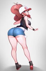 Rule 34 | 1girl, arched back, ass, bare shoulders, baseball cap, bent over, big hair, black footwear, black vest, blue eyes, blue shorts, breasts, brown hair, commentary, creatures (company), english commentary, eyelashes, full body, game freak, gradient background, grey background, hat, highres, hilda (pokemon), jaxdrawz, kneepits, large breasts, looking back, nintendo, pokemon, pokemon bw, ponytail, shiny skin, shirt, short shorts, shorts, sidelocks, sleeveless, sleeveless shirt, solo, standing, thighs, vest, white shirt, wristband