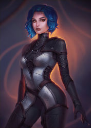 Rule 34 | 1girl, blue hair, bodysuit, breasts, commission, forehead tattoo, highres, june jenssen, lip piercing, lips, looking at viewer, mass effect (series), nose piercing, original, piercing, short hair, small breasts, solo, yellow eyes