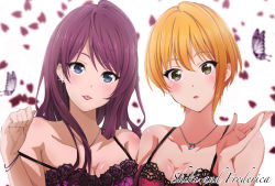 Rule 34 | 10s, 2girls, :o, :p, bare shoulders, black eyes, blonde hair, blue eyes, blurry, blush, bra, bracelet, breasts, bug, butterfly, character name, cleavage, clenched hand, depth of field, duffy, earrings, female focus, floral print, highres, ichinose shiki, idolmaster, idolmaster cinderella girls, insect, jewelry, lingerie, long hair, looking at viewer, medium breasts, miyamoto frederica, multiple girls, nail polish, neck, necklace, off shoulder, open mouth, petals, purple bra, purple hair, red bra, ring, rose print, short hair, side-by-side, sparkle, strap slip, swept bangs, tongue, tongue out, underwear, upper body