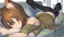 Rule 34 | 1girl, absurdres, animal ear fluff, animal ears, ass, bare shoulders, black thighhighs, breasts, brown hair, brown sweater, closed mouth, commentary request, commission, couch, hair between eyes, highres, long hair, looking at viewer, lying, medium breasts, nametarou (meron), no shoes, hugging object, off-shoulder sweater, off shoulder, on couch, on stomach, original, pillow, pillow hug, red eyes, skeb commission, soles, solo, sweater, thighhighs, very long hair, white background