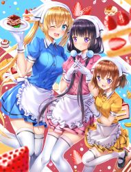Rule 34 | 3girls, :d, :o, ;d, apron, black footwear, blend s, blonde hair, blue eyes, blue shirt, blue skirt, blunt bangs, blurry, blurry foreground, blush, brown hair, cake, cake slice, cherry, collared shirt, commentary request, food, frilled apron, frills, fruit, girl sandwich, gloves, hair between eyes, hand on another&#039;s hip, head scarf, highres, hinata kaho, holding, holding plate, hoshikawa mafuyu, interlocked fingers, long hair, looking away, looking to the side, low twintails, mary janes, multiple girls, one eye closed, open mouth, parted lips, pink shirt, pink skirt, plate, pleated skirt, pom pom (clothes), puffy short sleeves, puffy sleeves, purple eyes, purple hair, sakuranomiya maika, sandwiched, shirt, shoes, short hair, short sleeves, skirt, smile, standing, standing on one leg, strawberry, strawberry shortcake, swordsouls, tareme, thighhighs, twintails, uniform, very long hair, wafer stick, waist apron, waitress, white apron, white gloves, white legwear, yellow shirt, yellow skirt