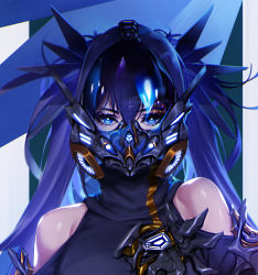 Rule 34 | 1girl, bare shoulders, blue eyes, blue hair, blue theme, blueorca, clothing cutout, cropped, dark blue hair, gas mask, hair between eyes, long hair, mask, original, science fiction, shoulder cutout, solo, twintails, upper body