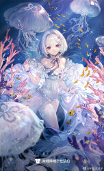 Rule 34 | 1girl, breasts, choker, cleavage, copyright request, coral, dress, fish, frilled choker, frills, highres, jellyfish, looking at viewer, medium breasts, purple eyes, senryoko, smile, solo, starfish hair ornament, strapless, strapless dress, underwater, white dress, white hair