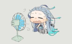 Rule 34 | 10s, 1girl, blue hair, chibi, commentary request, electric fan, closed eyes, grey background, kantai collection, long hair, multicolored hair, necktie, ofly (ofly252), open mouth, partially submerged, sailor collar, samidare (kancolle), solo, sweat, tub, two-tone hair, very long hair