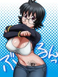 Rule 34 | 1girl, black-framed eyewear, black hair, breasts, bug, chain, cleavage, clothes lift, collarbone, female focus, glasses, gold chain, highres, hoimin (anchangdeath), hunter x hunter, large breasts, looking at viewer, midriff, purple eyes, shizuku murasaki, short hair, solo, spider, sports bra, sweater, sweater lift, tattoo