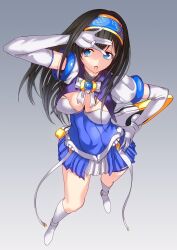 Rule 34 | 1girl, arm up, beat angel escalayer, black hair, blue eyes, blue hairband, boots, breasts, cleavage, cosplay, dress, elbow gloves, escalayer, escalayer (cosplay), full body, gloves, gradient background, grey background, hairband, hand on own hip, highres, idolmaster, idolmaster cinderella girls, idolmaster cinderella girls starlight stage, knee boots, kouenji sayuka, large breasts, long hair, magical girl, open mouth, pleated skirt, puffy short sleeves, puffy sleeves, q (ed69), sagisawa fumika, short dress, short sleeves, skirt, solo, standing, thigh strap, weapon, white footwear, white gloves