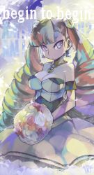 Rule 34 | 1girl, arcana heart, bare shoulders, blue eyes, bouquet, breasts, bustier, cleavage, dress, drill hair, earrings, elbow gloves, flower, gem, gloves, hair flower, hair ornament, highres, jewelry, large breasts, long hair, looking at viewer, necklace, orange hair, petra johanna lagerkvist, solo, strapless, strapless dress, text focus, twin drills, very long hair, woofycakes