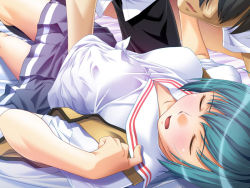 Rule 34 | 1boy, 1girl, alea, bed, bedroom, bent over, black hair, black socks, blush, breasts, caligula soft, closed eyes, dress shirt, embarrassed, fingernails, game cg, green hair, groping, hand under clothes, hand under shirt, hetero, indoors, ino (magloid), kagami kuu, kneehighs, lying, on back, on bed, open clothes, open mouth, open vest, pants, pleated skirt, school uniform, shirt, short hair, skirt, socks, thighs, uniform, vest, white shirt