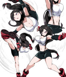 Rule 34 | 1girl, angry, armpits, bouncing breasts, breasts, brown hair, earrings, elbow gloves, fighting stance, final fantasy, final fantasy vii, gloves, highres, impossible clothes, impossible shirt, jewelry, kicking, large breasts, long hair, low-tied long hair, midriff, multiple views, navel, pencil skirt, punching, red eyes, shimure (460), shirt, skirt, somersault, suspender skirt, suspenders, tank top, tifa lockhart