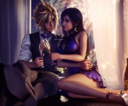 Rule 34 | 1boy, 1girl, 3d, bare shoulders, black hair, blonde hair, blue dress, breasts, cloud strife, couple, cup, dress, drink, earrings, final fantasy, final fantasy vii, final fantasy vii remake, formal, highres, holding, holding cup, holding hands, jewelry, large breasts, legs, long hair, looking at another, necktie, official alternate costume, ria-neearts, sitting, sleeveless, sleeveless dress, spiked hair, square enix, suit, tifa lockhart, tifa lockhart (refined dress), wall market
