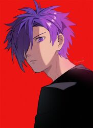 Rule 34 | 1boy, black shirt, commentary, fire emblem, fire emblem: three houses, fire emblem warriors: three hopes, hair over one eye, highres, looking at viewer, male focus, nintendo, nzmnnkk, one eye covered, purple eyes, purple hair, red background, shadow, shez (fire emblem), shez (male) (fire emblem), shirt, short hair, simple background, solo, twitter username, upper body