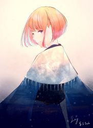 Rule 34 | 1girl, blue dress, blush, capelet, closed mouth, commentary request, dated, dress, from behind, gradient hair, highres, light particles, long sleeves, looking at viewer, looking back, multicolored hair, orange hair, original, purple eyes, red hair, signature, smile, solo, sousou (sousouworks), standing, upper body, wide sleeves