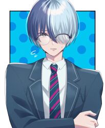 Rule 34 | 1boy, aoyagi touya, bespectacled, blue hair, close game/offline (project sekai), collared shirt, commentary request, dark blue hair, diagonal-striped clothes, diagonal-striped necktie, glasses, grey eyes, hair over one eye, highres, holding own arm, kamiyama high school uniform (project sekai), lapels, long sleeves, male focus, multicolored hair, necktie, notched lapels, official alternate hairstyle, polka dot, project sekai, school uniform, shirt, short hair, solo, split-color hair, striped clothes, striped necktie, two-tone hair, upper body, yk62