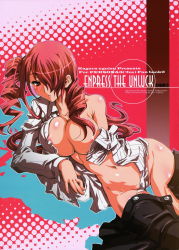 Rule 34 | 1girl, :o, ahoge, areola slip, atlus, blush, breasts, censored, cleavage, convenient censoring, cover, drill hair, embarrassed, groin, hair over one eye, highres, kirijou mitsuru, large breasts, long hair, lying, navel, no bra, no panties, off shoulder, on side, open clothes, open mouth, open shirt, persona, persona 3, red eyes, red hair, scan, shirt, solo, twin drills, twintails, twisted breasts, uguisu kagura