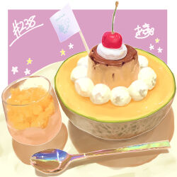 Rule 34 | absurdres, cantaloupe, cup, drinking glass, food, food focus, fruit, highres, no humans, original, plate, pudding, spoon, takisou sou, whipped cream