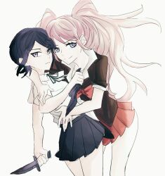 Rule 34 | arms around neck, ass, black hair, black skirt, blonde hair, bow, bowtie, closed mouth, danganronpa: trigger happy havoc, danganronpa (series), ears, enoshima junko, eyebrows, green bow, holding, holding knife, holding weapon, hug, ikusaba mukuro, incest, knife, long hair, looking at viewer, medium hair, neck ribbon, nose, pleated skirt, purple eyes, red bow, red skirt, ribbon, siblings, simple background, sisters, skirt, smile, standing, thighs, twincest, twins, twintails, weapon, yuri
