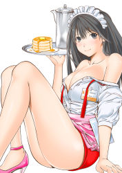 Rule 34 | 1girl, apron, breasts, cleavage, female focus, food, high heels, highres, large breasts, legs, long hair, long legs, looking at viewer, maid headdress, miniskirt, name tag, off shoulder, original, pancake, pink apron, pink footwear, red skirt, shigaoka, shigaoka touki, shoes, sitting, skirt, smile, solo, tray, unbuttoned, waitress