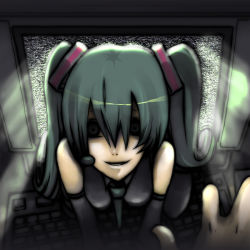 Rule 34 | 1girl, bad id, bad pixiv id, computer, crazy eyes, creepy, detached sleeves, green hair, hatsune miku, horror (theme), keyboard (computer), parody, solo, the ring, thighhighs, through medium, through screen, twintails, vocaloid, yama (rabbit room)