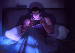 Rule 34 | 1boy, absurdres, avenger (dungeon and fighter), baimeme, bara, beard, black hair, black tank top, dark-skinned male, dark room, dark skin, dungeon and fighter, facial hair, feet out of frame, hands up, highres, holding, holding phone, large pectorals, male focus, male priest (dungeon and fighter), mature male, muscular, muscular male, on bed, pectoral cleavage, pectorals, phone, priest (dungeon and fighter), scar, scar on face, scar on forehead, short hair, silhouette, sitting, solo, tank top, thick eyebrows, v-shaped eyebrows, window shadow