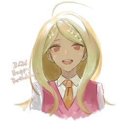 Rule 34 | 1girl, :d, ahoge, akamatsu kaede, blonde hair, collared shirt, commentary, cropped torso, danganronpa (series), danganronpa v3: killing harmony, dated, fortissimo, hair ornament, happy birthday, laaaicha, long hair, looking at viewer, musical note, musical note hair ornament, necktie, open mouth, orange necktie, pink sweater vest, pink vest, shirt, simple background, smile, solo, sweater vest, vest, white background, white shirt