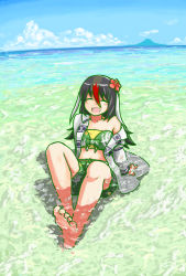 Rule 34 | 1girl, :d, ^ ^, arm support, bare legs, barefoot, bikini, bikini top only, black hair, blue sky, closed eyes, collarbone, commentary request, facing viewer, flower, full body, grey hair, hair between eyes, hair flower, hair ornament, hane (kirschbaum), happy, highres, horizon, jacket, kemono friends, knees up, leaning back, long hair, long sleeves, midriff, multicolored hair, ocean, official alternate costume, okinawa rail (kemono friends), on ground, open mouth, orange hair, partially submerged, red hair, shorts, sitting, sky, smile, soles, solo, stomach, strapless, swimsuit, toes, tube top, water, white hair, |d