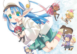 Rule 34 | 3boys, 4girls, :d, azuma masakadu, beret, blue eyes, blue hair, blush, breasts, expressionless, flying, full body, green skirt, hat, holding, jitome, long hair, multiple boys, multiple girls, open mouth, pleated skirt, pointy ears, red hair, skirt, small breasts, smile, sunglasses, very long hair